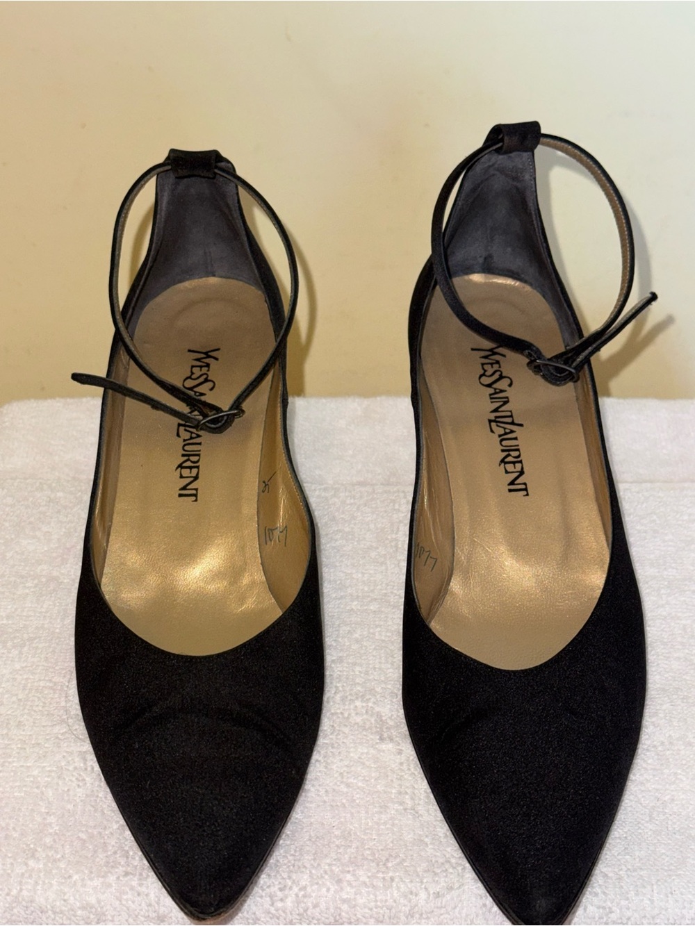 Yves Saint Laurent Black Pointed Toe Ankle Strap Peau de Soie Pumps